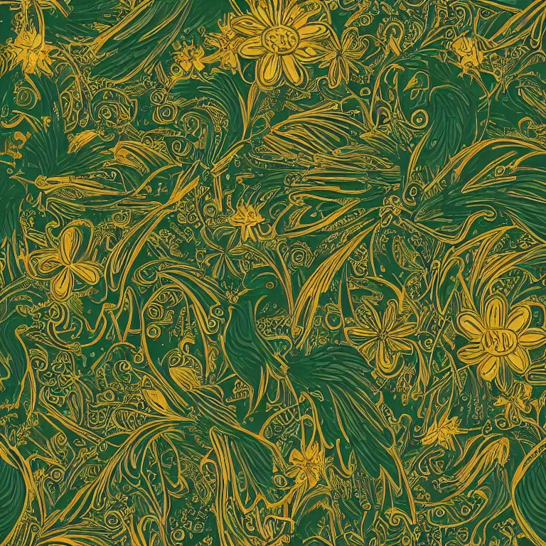 Image similar to art - deco ornament with mystic birds and flowers, highly detailed, photorealistic, monochromatic, calligraphy style, green and gold, symmetrical, ornate