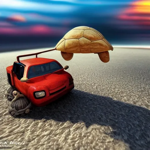 Prompt: turtle driving a car in the desert, highly detailed, realistic