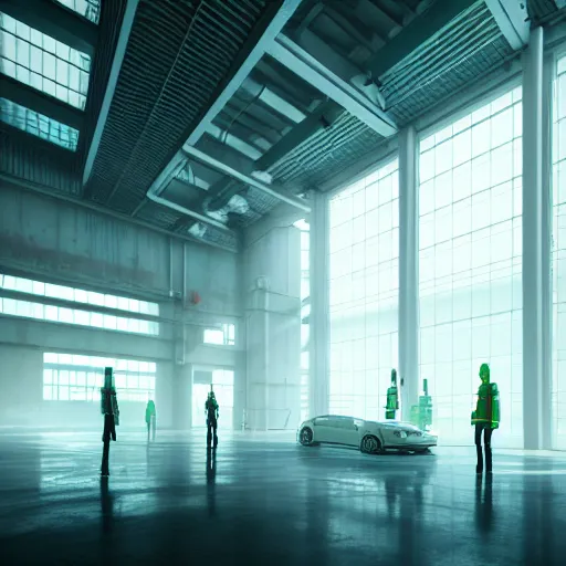 Prompt: the inside of a very tall factory, big pods, big windows, octane render, cool colour scheme, white, cyberpunk architecture, cinematic, scenery, unreal engine, render, cgsociety, modernism, futuristic, artstation, sci - fi, high detail, high quality, close up angle,