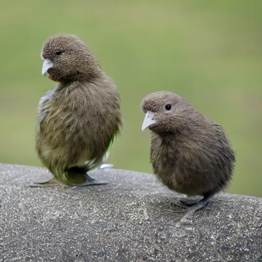 Prompt: two cute kiwi birds leaning against each other