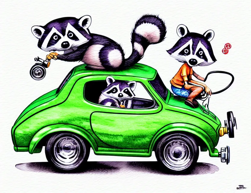 Prompt: cute and funny, racoon riding in a tiny hot rod with oversized engine, stickshift, ratfink style by ed roth, centered award winning watercolor pen illustration, isometric illustration by chihiro iwasaki, edited by range murata, tiny details by artgerm and watercolor girl, symmetrically isometrically centered