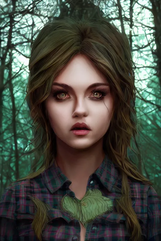 Image similar to woman in a dark forest, detailed plaid miniskirt, beautiful realistic face, detailed eyes, trending on artstation, by dan mumford, anime style, octane render, close up body composition