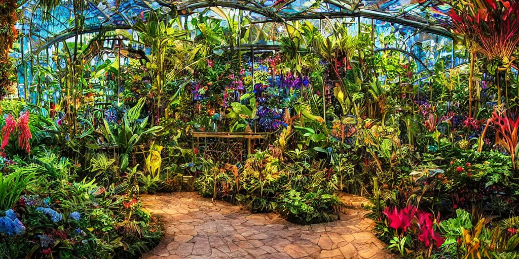 Prompt: magician's tropical greenhouse garden with colored glass cover, outside of time and space, magnificent, gorgeous, birds, flowers, fairy tale, night lighting, gorgeous lighting, dramatic cinematic lighting, intricate, highly detailed, low angle view, artstation, mysterious, comfort, in the style of aetherpunk, 8 k