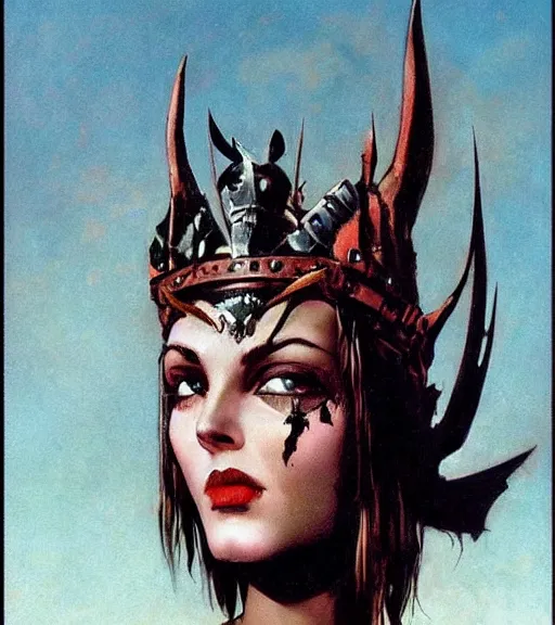 Image similar to evil princess of the wasteland, scrap metal headdress, strong line, deep color, cloudy sky, beautiful! coherent! by brom, by frank frazetta, low angle