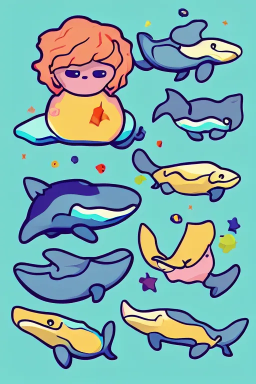 Image similar to Baby whale, sticker, anthropomorphic, colorful, fantasy, artstation, illustration, highly detailed, simple, smooth and clean vector curves, no jagged lines, vector art, smooth