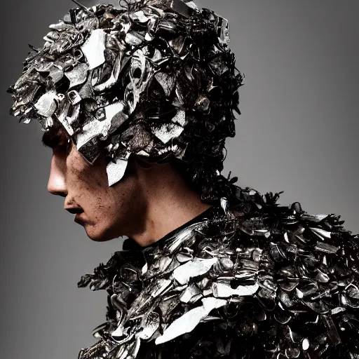 Image similar to a portrait of a beautiful young male wearing an alexander mcqueen armor made of garbage, photographed by andrew thomas huang, artistic