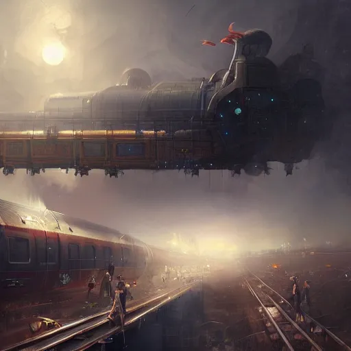 Image similar to flying trains, magical world, by greg rutkowski, sung choi, photo realistic, 8 k, cinematic lighting, hd, atmospheric, hyperdetailed, trending on artstation, devainart, digital painting, glow effect