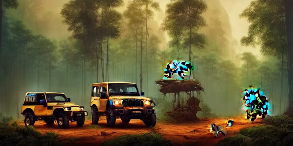 Image similar to Mahindra thar, in kerala forest, tigers and lions chasing, action scene, an epic fantasy, dramatic lighting, cinematic, establishing shot, extremely high detail, photorealistic, cinematic lighting, matte painting, artstation, by simon stalenhag, horizon forbideen west