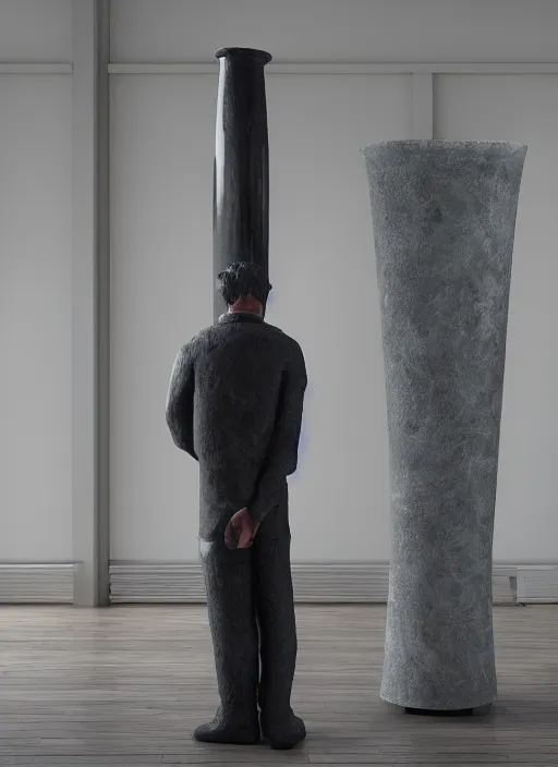 Image similar to a sculpture of a man standing next to a tall vase, a raytraced image by Hikari Shimoda, polycount, video art, vray tracing, ray tracing, rendered in unreal engine