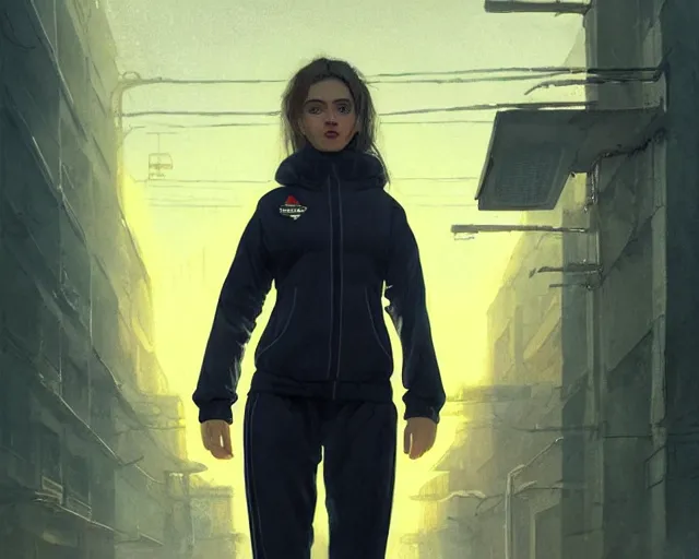 Image similar to portrait of attractive slav heroine wearing an addidas tracksuit. illuminated street lights, slav apartments in backround, by greg rutkowski and wlop, detailed, cinematic, 8 k, intricate, rule of thirds.