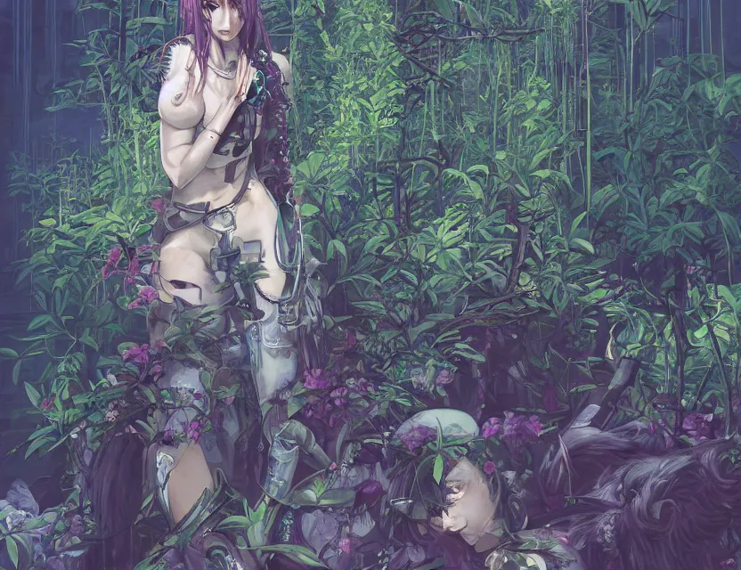 Prompt: the cyberpunk priestess overgrown by plants. this oil painting by the award - winning mangaka has interesting color contrasts, plenty of details and impeccable lighting.