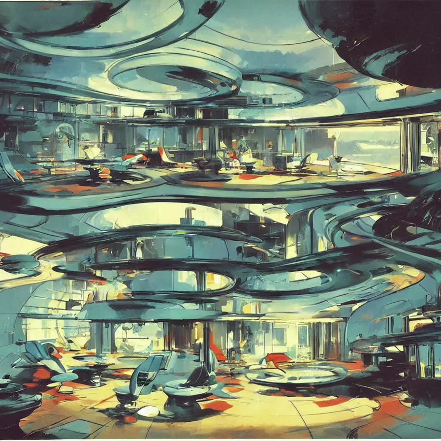 Image similar to concept art of jetsons cartoon indoor scenario of a futuristic house, painted by john berkey