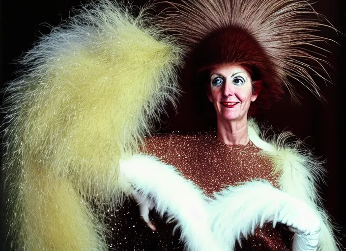 Image similar to realistic photo portrait of the woman morphing into a bird, morphing into a woman, hairy fur fluffy feathers with sparkles, in the wooden and fancy expensive wooden room interior, neutral colors, 1 9 9 0, life magazine reportage photo