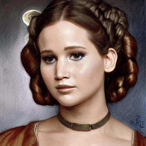 Prompt: headshot of jennifer lawrence as princess leia in star wars by william bouguereau and louis rhead