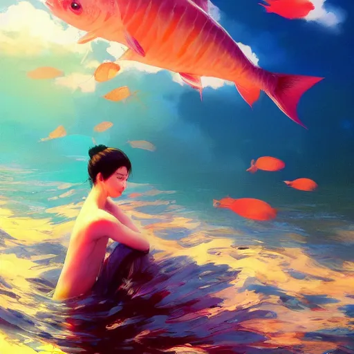 Prompt: koy fish swimming between clouds, colorful, fine detail!! anime!! realistic shaded lighting!!, kim hyun joo, digital painting by ilya kuvshinov, magali villeneuve, artgerm, jeremy lipkin and michael garmash and rob rey