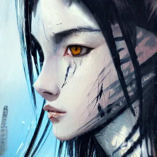 Prompt: Blurred oil portrait with broad brush strokes of an anime girl with a long white hair, black eyes and cracks on her face wearing Elden Ring armour with engraving in the style of Yoji Shinkawa, abstract patterns on the background, expressive brush strokes, hairs fluttering on the wing, noisy film grain effect, highly detailed, Renaissance oil painting, weird portrait angle, blurred lost edges, three quarter view