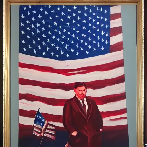 Image similar to oil painting of Ron Desantis in front of a Betsy Ross flag, dark, creepy, ominous, modern propaganda poster style