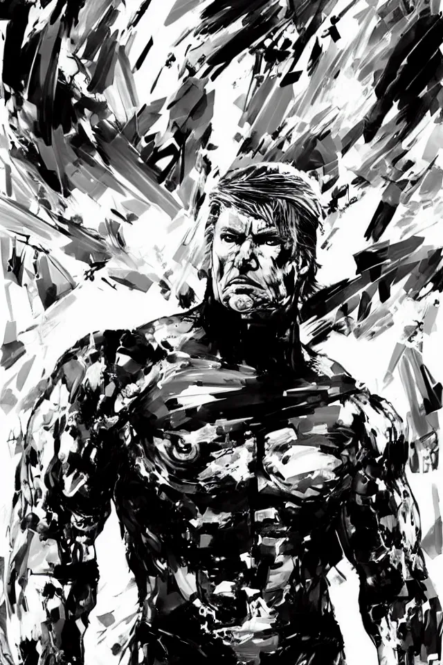 Image similar to a full - body portrait of cyborg donald trump, in yoji shinkawa's art style, metal gear solid art style, highly detailed, 4 k, artistic, white background, b & w