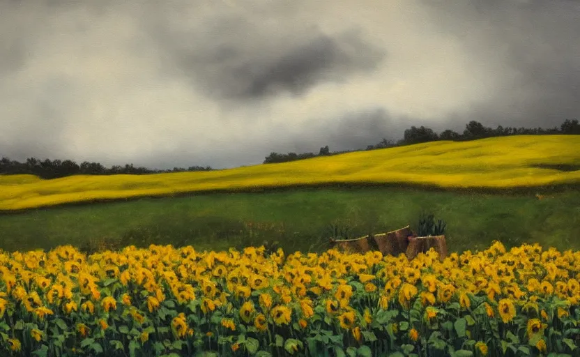 Image similar to A moody painting of an overcast day, clouds, rolling hills, sunflowers, tulips, tree stump, Wes Anderson