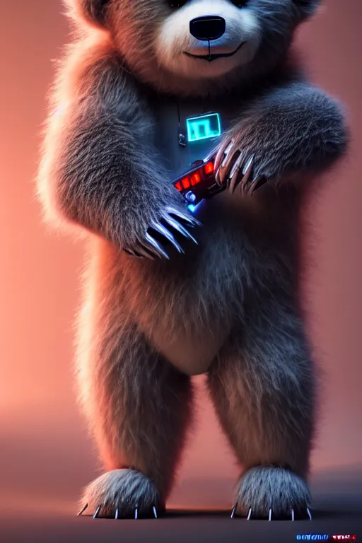 Prompt: high quality 3 d render very cute fluffy cyborg bear! plays electric guitar, cyberpunk highly detailed, unreal engine cinematic smooth, in the style of blade runner & detective pikachu, hannah yata charlie immer, moody light, low angle, uhd 8 k, sharp focus