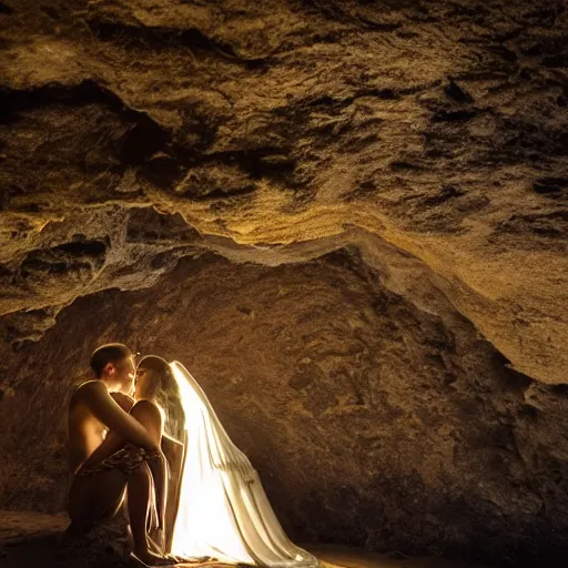 Prompt: mysterious goddess whispering to man in dark cave