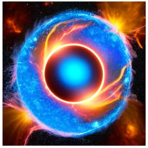 Image similar to supernova explosion is attracted by a black hole : : centrifugal force : : dragon eye, hyper detailed, cristal clear reflexions : : sculpy, golden and imperial blue palette colors 8 k