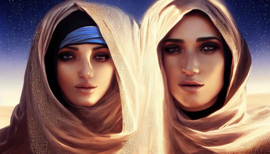 Image similar to Portrait of very very very very very very beautiful Arab woman wearing a Niqab, glowing magical eyes, energy trails, under giant full moon in the desert, intricate, elegant, highly detailed, digital painting, artstation, concept art, smooth, sharp focus, illustration, art by artgerm and greg rutkowski and alphonse mucha