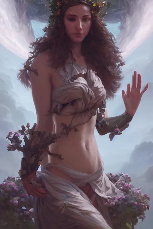 Image similar to goddess of nature, accurate anatomy, only two hands, highly detailed, digital painting, artstation, concept art, smooth, sharp focus, illustration, Unreal Engine 5, 8K, art by artgerm and greg rutkowski and edgar maxence