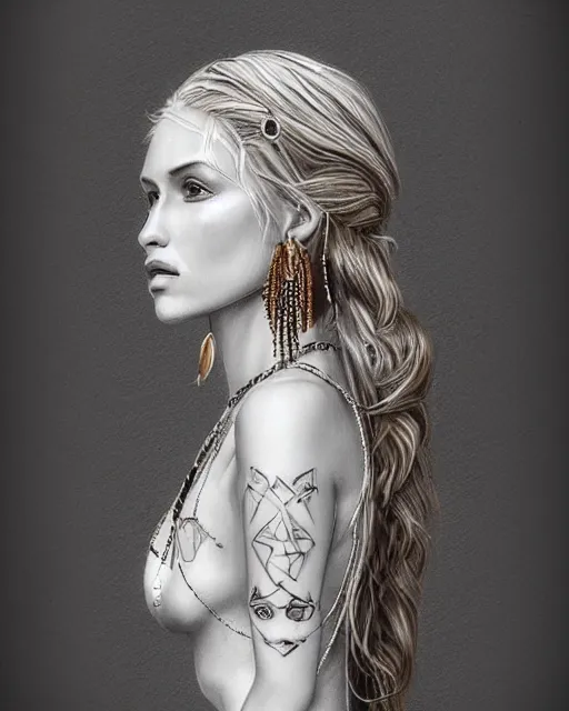 Image similar to tattoo sketch of beautiful greek goddess aphrodite with arrowhead earrings, beautiful feather jewelry, beautiful piercing eyes, flowing blonde hair, realistic face, hyper realistic, in the style of greg rutkowski, fantasy, amazing detail, epic, elegant, smooth, sharp focus, from the front