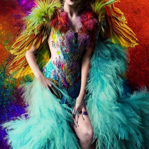 Image similar to Queen of the fae holding court while wearing a sleeveless feathered gown, powerful, intricate, hyper realism, colorful, 4k