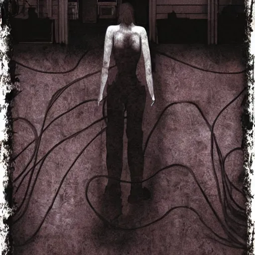 Image similar to Creepy female-ghost surrounded by cables in dirty motel room, red devil carpet | cyanotype 50's scratched photo | Aesthetics of Silent Hill 3 game