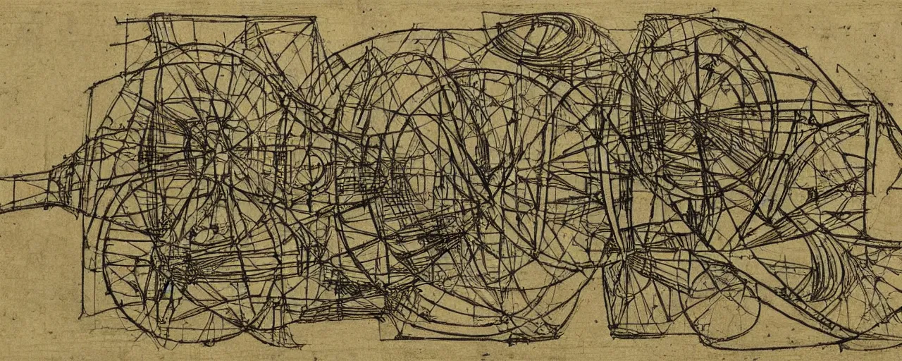 Prompt: a leonardo davinci sketch of an infinite creativity machine, in the style of an engineering drawing