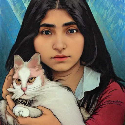 Image similar to cute emo peruvian woman, with long dark hair, thick eyebrows!!! dark eyes and dark circles!, wide nose!!!, big eyes, oval face shape, big cheeks!, she is holding a cat in her arms, by juan villafuerte, greg rutkowski and alphonse mucha, pexels contest winner, high quality photo, hd rtx