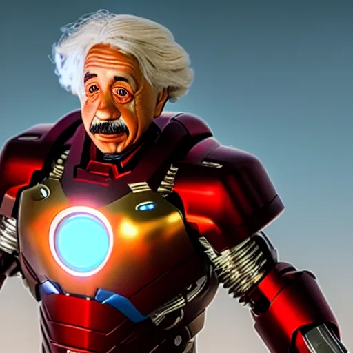 Image similar to albert einstein as tony stark in ironman, cinematic lighting, dramatic, octane render, long lens, shallow depth of field, bokeh, anamorphic lens flare, 8 k, hyper detailed, 3 5 mm film grain