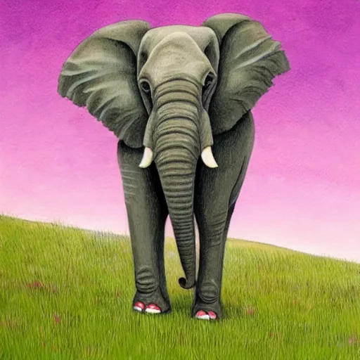 Prompt: an elephant on a green meadow art by Sam Bosma