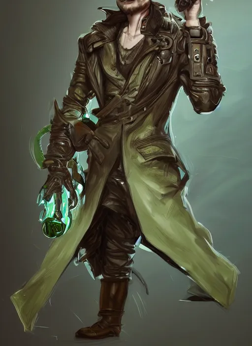 Prompt: a highly detailed illustration of thick wavy brown haired young white guy wearing brown detective trench coat and wearing green face mask, with many mechanical arms on his back, dramatic hands in pocket standing pose, intricate, elegant, highly detailed, centered, digital painting, artstation, concept art, smooth, sharp focus, league of legends concept art, WLOP