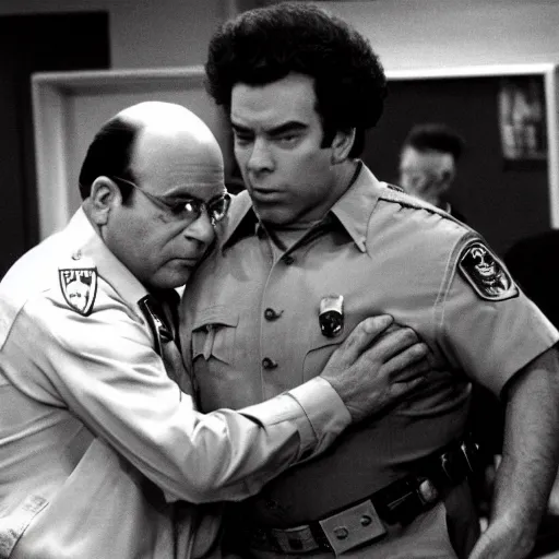 Image similar to George Costanza being arrested by Kramer on an episode of Seinfeld