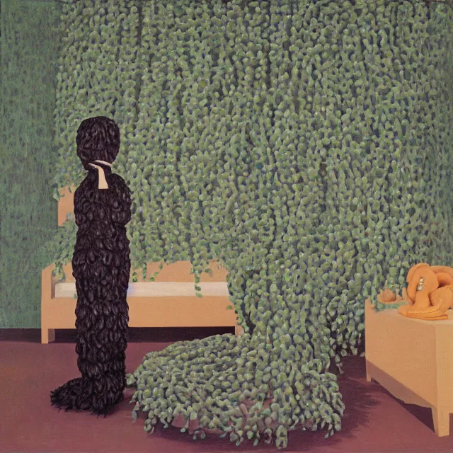 Image similar to a female pathology student in her apartment, wrapped in vines, medical equipment, stepping stones, octopus, fur seal, black walls, ikebana, black armchair, sculpture, acrylic on canvas, surrealist, by magritte and monet