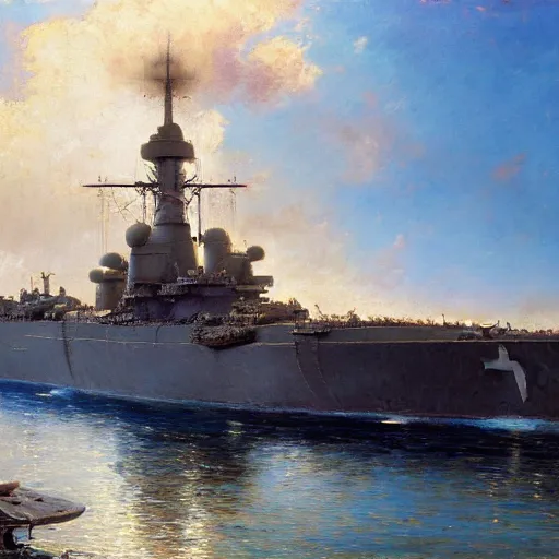 Image similar to detailed cinematic wide shot of world war 2 battleship, ultra realistic, spring light, painting by gaston bussiere, craig mullins, j. c. leyendecker