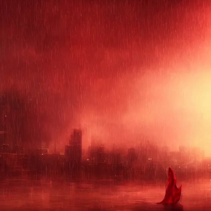 Prompt: a person enveloped in red silk cloth that blows in the wind stands in a dytopian highly detailed city at night, with volumetric lights in the distance and heavy rain falling. atmospheric light, rendering, octane, redshift, artstation