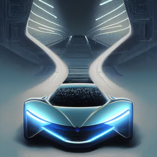 Prompt: detailed intricate digital illustration by greg rutkowski and artgerm and wlop and sanford robinson gifford ; 1 9 9 4 concept car electric vehicle, sharp, smooth, closeup view ; bright, glowing, vintage headlights and 1 9 9 0 s design ; sharp focus, depth of field, front angle shot, head on