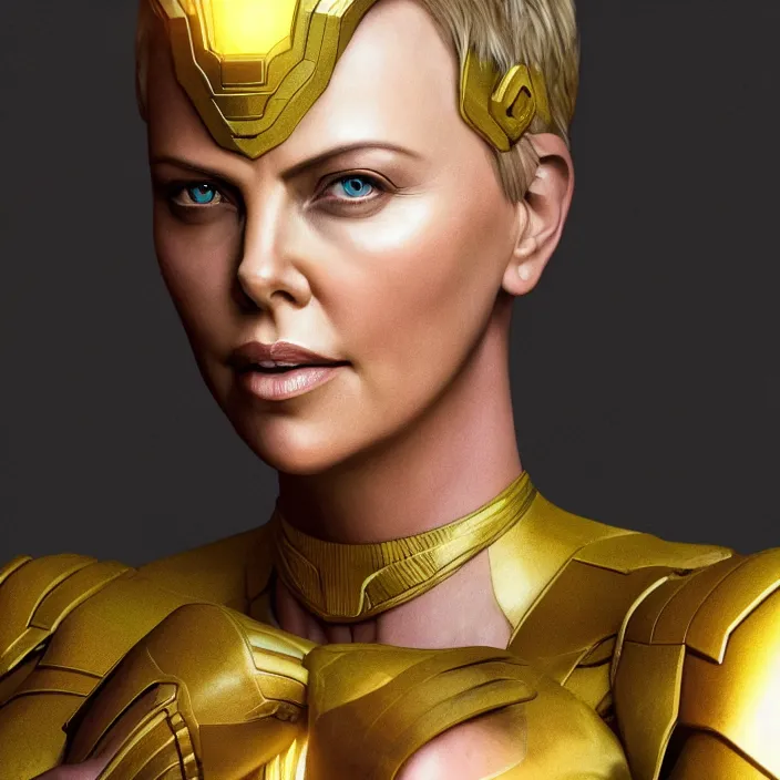 Image similar to portrait of (Charlize Theron), wearing The Infinity Gauntlet!! intricate artwork. octane render, trending on artstation, very coherent symmetrical artwork. thanos. cinematic, hyper realism, high detail, octane render, 8k, iridescent accents