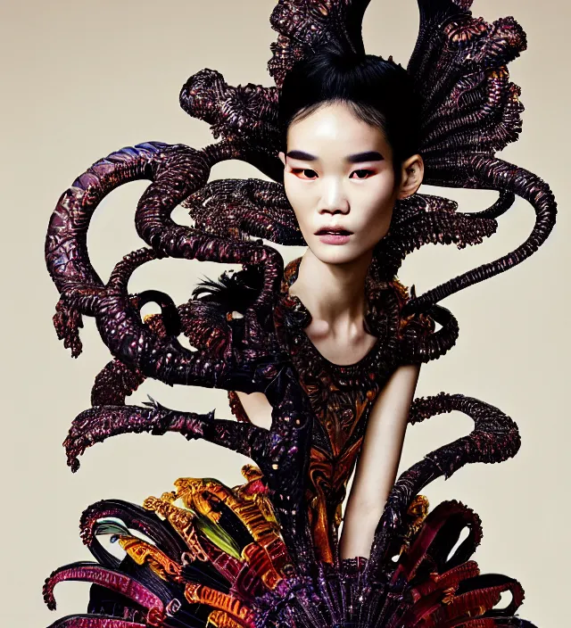 Image similar to photography american portrait of stunning model ming xi. great hair style, half in shadow, natural pose, natural lighing, rim lighting, wearing an ornate stunning sophisticated outfit created by iris van herpen, with a colorfull makeup by benjamin puckey, highly detailed, skin grain detail, photography by paolo roversi