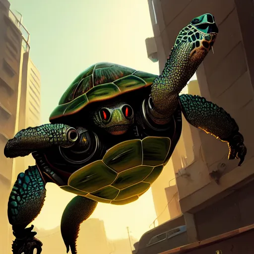 Image similar to highly detailed portrait turtle robot in gta v, stephen bliss, unreal engine, fantasy art by greg rutkowski, loish, rhads, ferdinand knab, makoto shinkai and lois van baarle, ilya kuvshinov, rossdraws, tom bagshaw, global illumination, radiant light, detailed and intricate environment