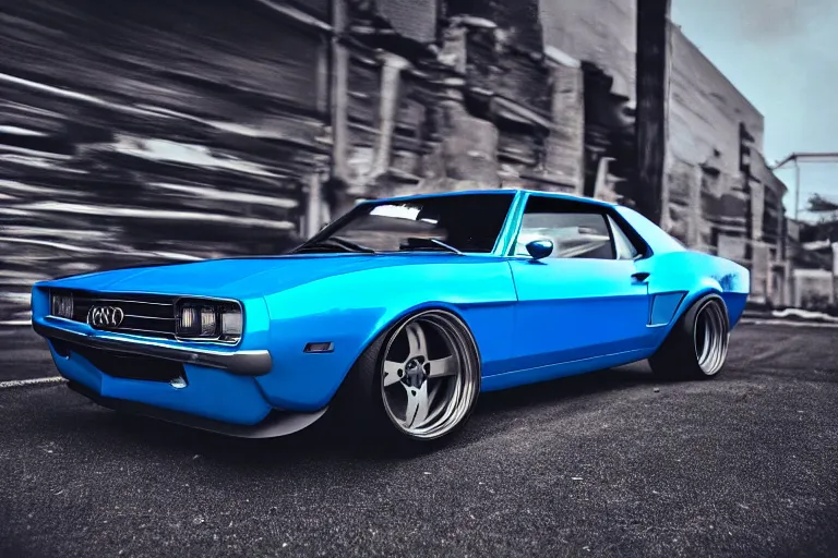 Image similar to blue audi camaro b 1 ( 1 9 6 9 ) drifting, phonk music background, dark