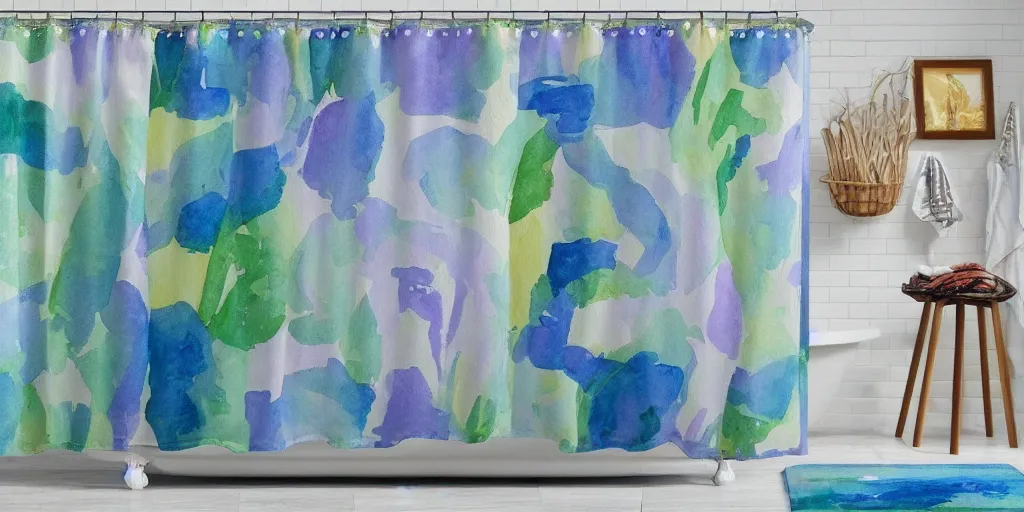 Prompt: shower curtain product catalog. wide - angle photo. on the curtain is a watercolor. the water color has ink under drawing of the butters in south park ( tv ). wide - angle product photography of a shower curtain, product lighting. 4 k, highly detailed. saturated.