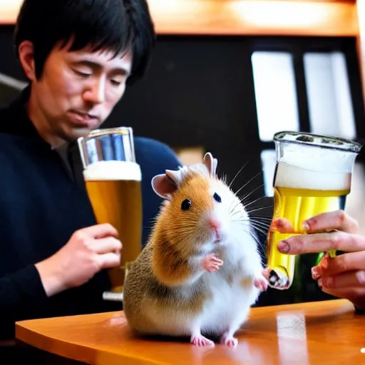 Image similar to japanese hamster samurai drinking beer in big cup