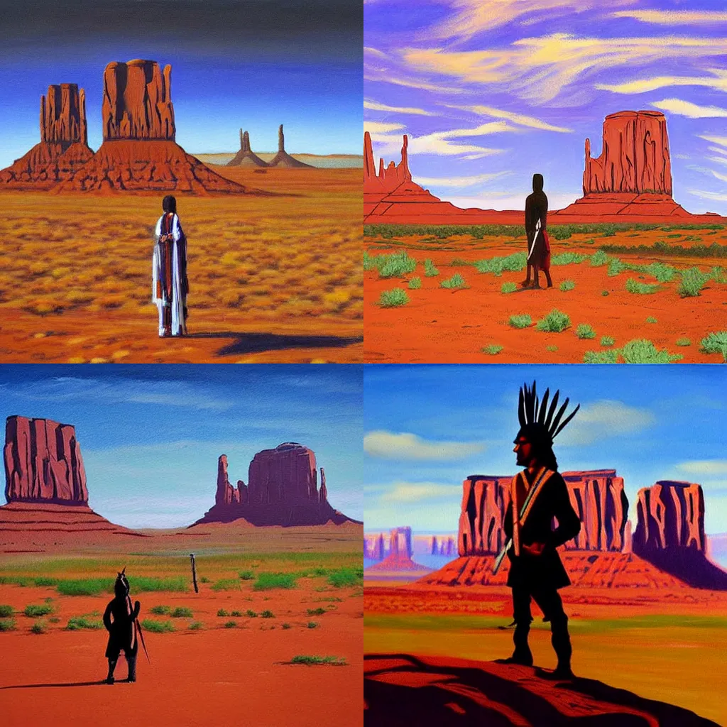 Prompt: a lone iroquois indian stands on a battlefield in monument valley, defiantart, detailed painting