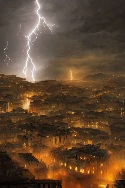 Prompt: ancient city of troy under a sky full of lightning, powerfull, intricate, elegant, volumetric lighting, digital painting, highly detailed, artstation, sharp focus, illustration, concept art, ruan jia, steve mccurry