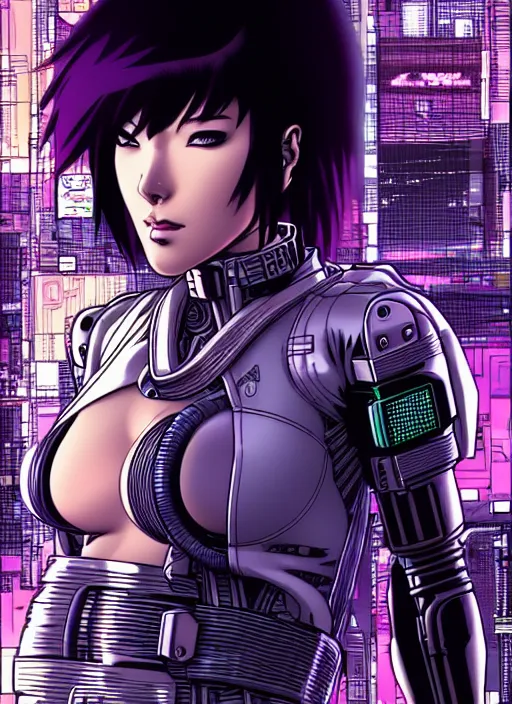 Image similar to motoko kusanagi in grungy cyberpunk megacity, intricate and finely detailed, cyberpunk vaporwave, portrait by j scott campbell, phil jimenez, ilya kuvshinov